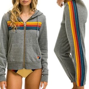 Grey 5 stripe aviator nation zip up hoodie and sweatpant set